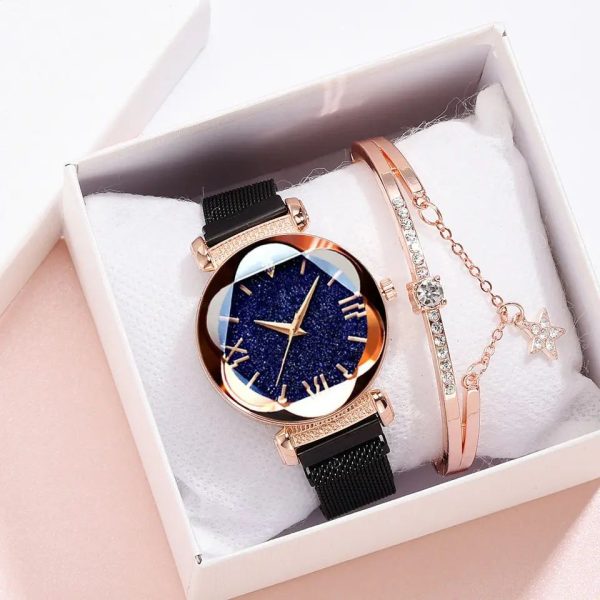 Women's Casual Luxury Watch Bracelets 2 Piece Set Flowers Rhinestone Casual Quartz Watches Bracelet Set - Image 2