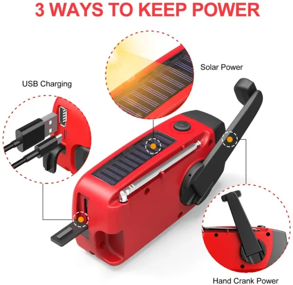 USB Charged Self Powered AM/FM Weather Radio with Power Bank Portable Solar Radio Hand Crank Radio with Flashlight for Emergency - Image 2