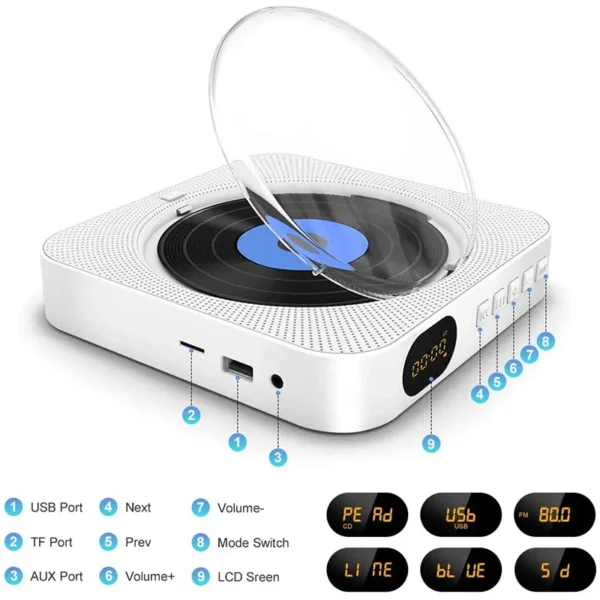 2022 Newest Portable CD Player Built-in Speaker Stereo with Double 3.5mm Headphones Jack LED Screen Wall Mountable - Image 2