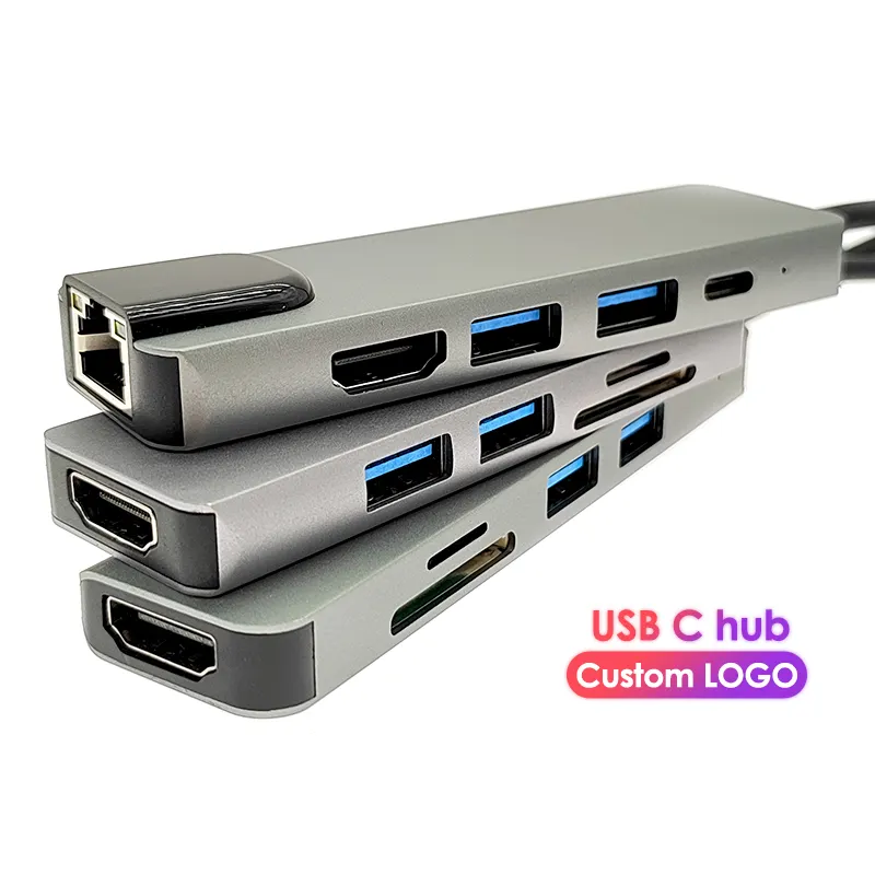 Custom logo multiport adapter 4k type-c hubs hdmi with ethernet 4 5 6 7 8 in 1 type usb c hub for macbook