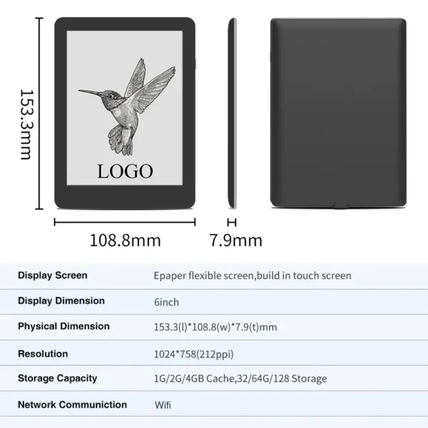 6inch E Paper E Book Reader BLE Wifi Pdf Format Eink Touch Screen E-reader Ereader Ebook - Image 2