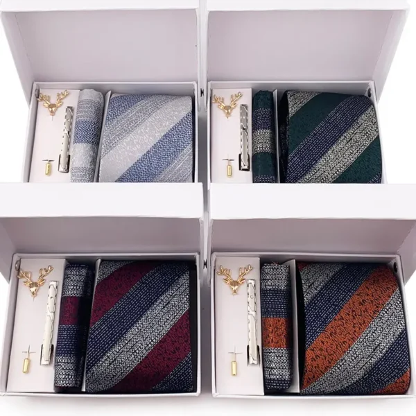 4 PCS Fashion Knit Necktie Sets Brooch Pin Tie Clip Handkerchirf Men Wedding Party Suit Gift Cross Color Accessory with Box