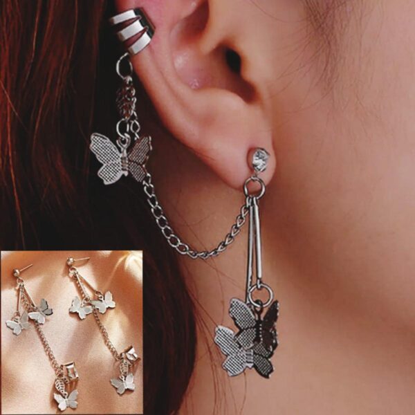 Pair Of Ear Cuff Butterfly Long 8 cm Chain Pin Tassel Earrings For Girls & Women