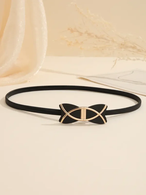 Wholesale Cheap Black Spring Thin Belts Women Dress Skinny Elastic Strength Belts Metal Black Bow Chain Belt Girls - Image 2